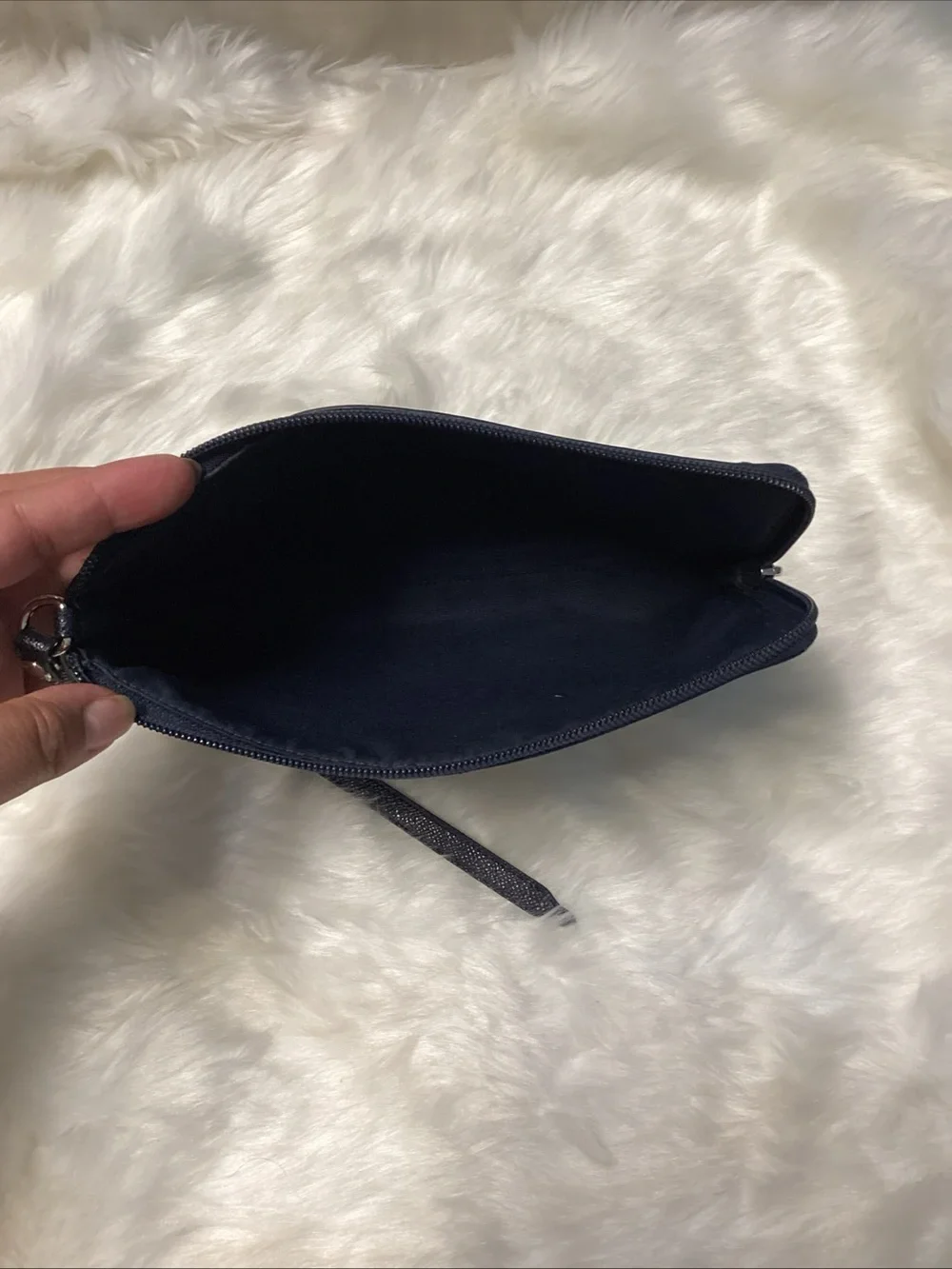 Coach Navy Wristlet with Cream Logo Text
